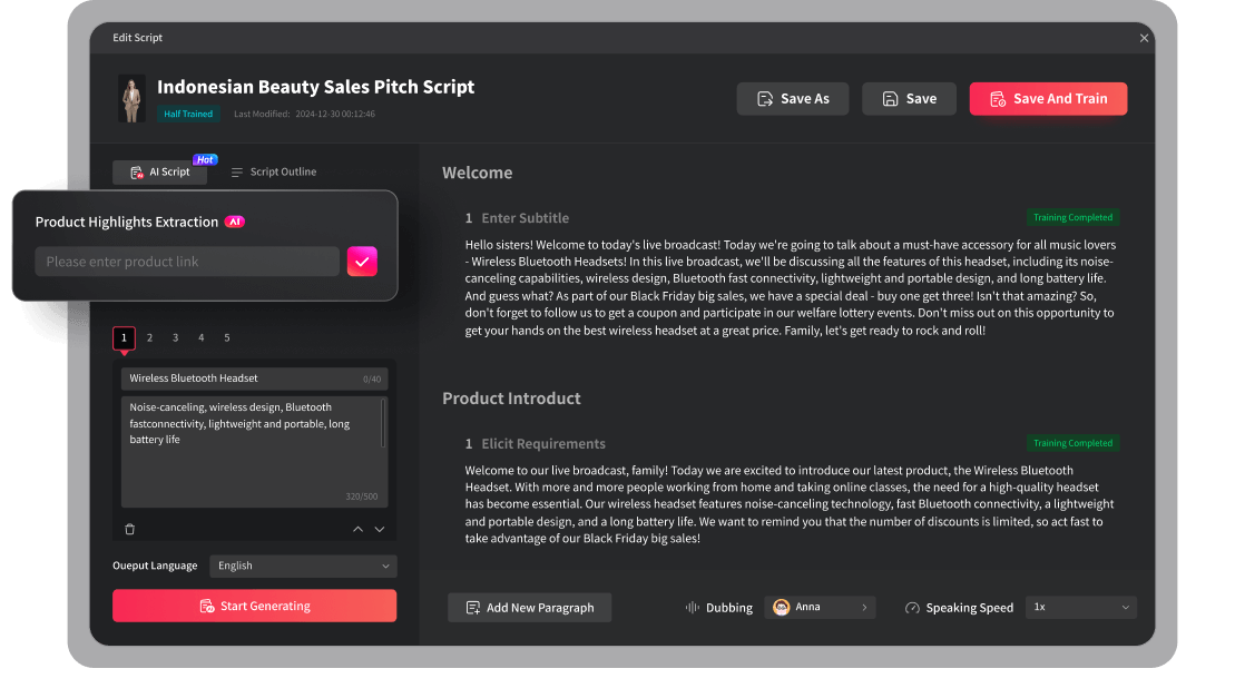 AI Generate livstreaming scripts and AI voice selection