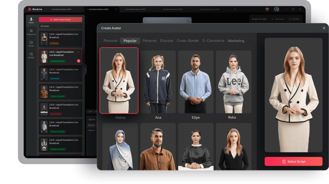 BocaLive AI avatar livestreaming setup - virtual avatar selection